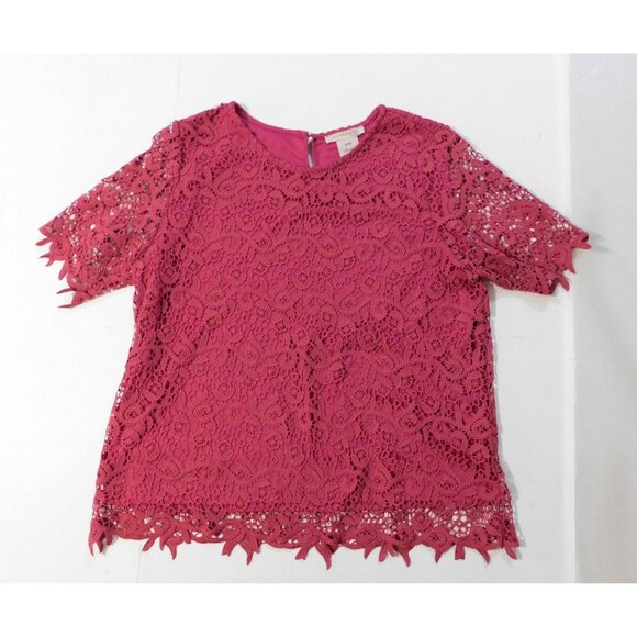 Philosophy Lace Overlay Top XL Cactus Flower Dark Pink Floral Short Sleeve Lined - Picture 7 of 8